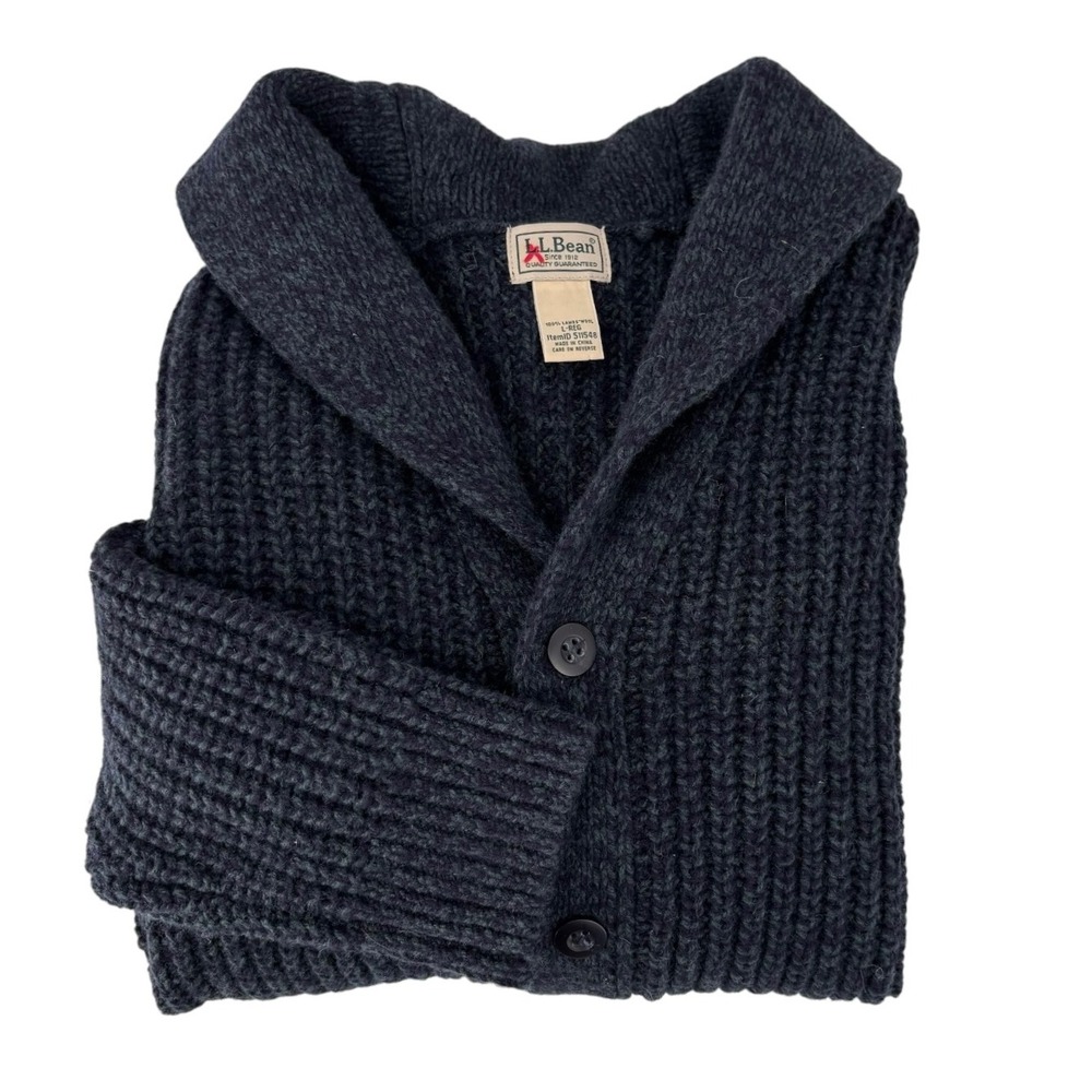 LL Bean Cardigan Sweater Mens Large  100% Lambswool Grandpacore Ribbed Knit